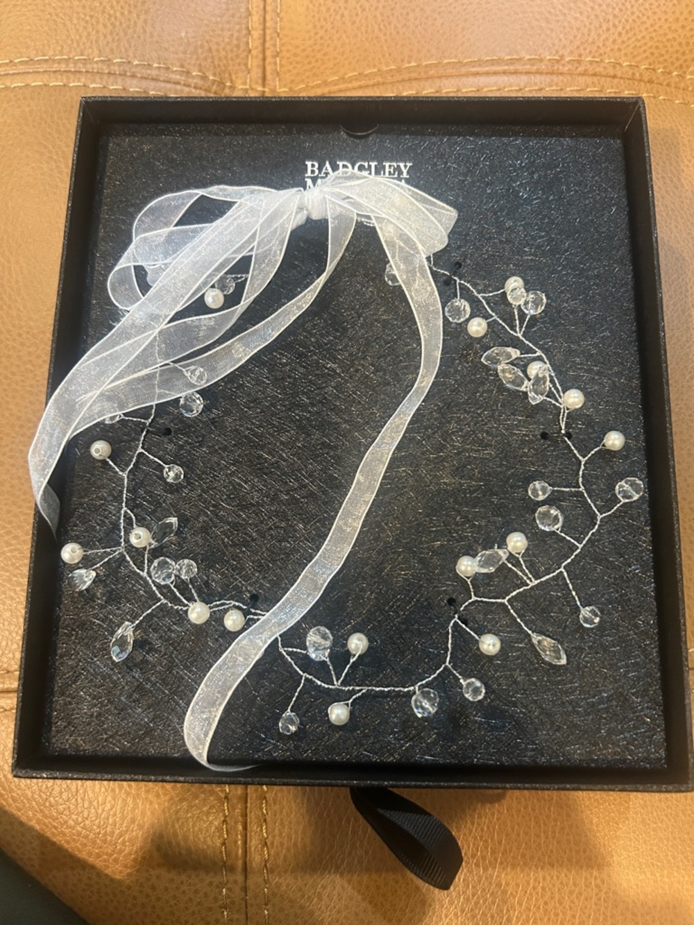 Badgley Mischka Crystal and Pearl Hair Vine with Sheer White Ribbon